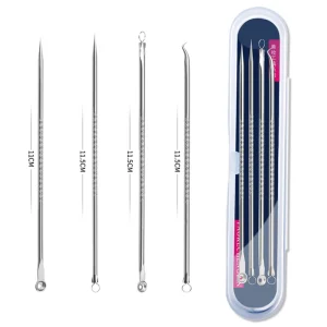 Stainless Steel 4 Piece Acne Blackhead Remover Kit with Needle Hook for Face Skin Care and Beauty Treatment