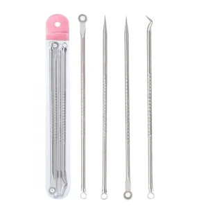 4 PCS Stainless Steel Acne Extractor Tool with Needle Hook for Effective Blackhead and Whitehead Removal and Pore Cleansing