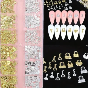 Valentines Day Nail Art Supplies – 1 Box of 12 Grid Metallic Lock Key Heart Design Nail Charms