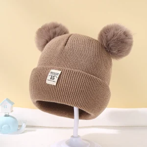 Warm and Cozy Solid Color Wool Knitted Newborn Baby Beanie Hat with Pompom for 0-3 Years Old Kids Boys and Girls