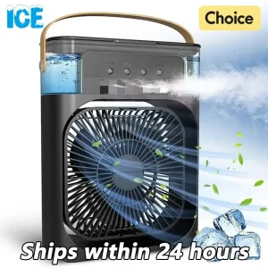 Portable Electric Air Conditioner Fan with Water Mist and 7 Color LED Lights for Camping