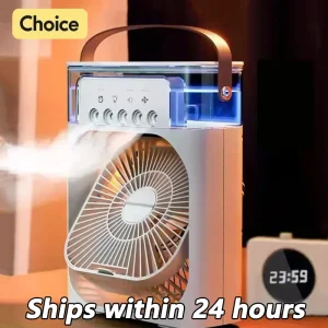 Portable USB Air Conditioner Fan with LED Night Light and Humidifier 3-in-1 Multi-Functional Design for Home and Outdoor Use