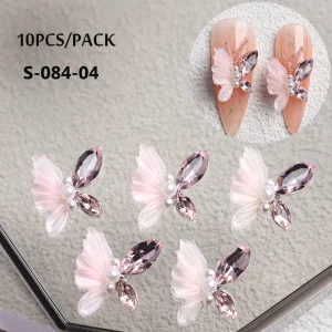 Metal Nail Art Decorations Set of 10Pcs Pink Blue Purple Heart Butterfly Rhinestones 3D Nail Charms