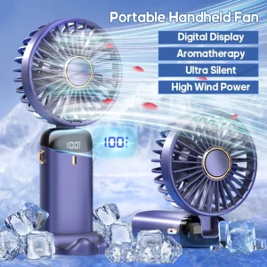 Portable Neck Hanging USB Rechargeable Fan with LED Display and 5-Speed Wind Adjustment for Outdoor Use