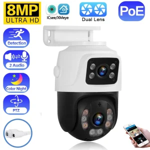 360° Wired Video Surveillance IP Camera with Dual Screens and Night Vision for Indoor and Outdoor Use