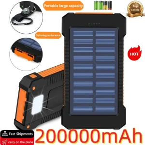 High Capacity 200000mAh Waterproof Portable Solar Power Bank with Fast Charging and SOS Flashlight for iPhone, iPad, Android, and Other Smart Devices