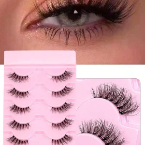 5 Pairs Reusable Half Eye Lashes with Faux Mink Cat Eye Design, Wispy Transparent Stem and 3D Curl for Natural Makeup Look