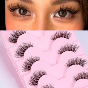 High-Quality 5 Pair Half Eye Lashes with 3D Curl and Cat Eye Effect, Made from Soft Synthetic Fibers with Invisible Stem for Long Lasting Wear