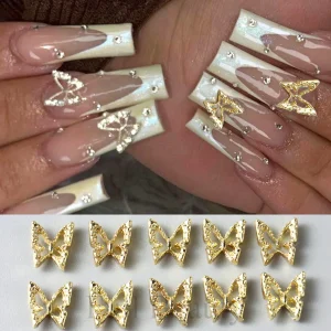 10 Piece Butterfly Shaped Nail Charm Set 3D Gold and Silver Rhinestone Nail Art Decorations with Diamonds