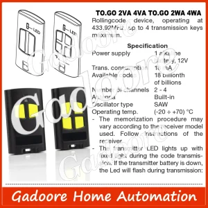 433MHz Rolling Code Transmitter Garage Door Remote Control Compatible with BENINCA TO.GO 2VA, 4VA, 2WV, 4WV Systems, 2 or 4 Button