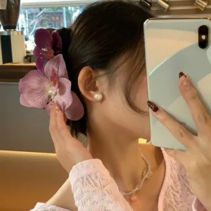 Korean Style Pink Orchid Flower Cloth Hair Clip for Women’s Daily Party Wear