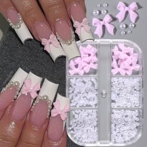 10Pcs Pink White Kawaii Mini Bow 3D Nail Art Decorations Butterfly Nail Charms DIY Resin Accessories Kit