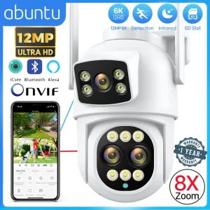 12MP 6K PTZ WiFi Outdoor Surveillance Camera with 8X Digital Zoom, Dual Screens, Human Detection, and IP66 Waterproof