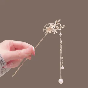 Chinese Hanfu Style Classic Hair Stick with Prong, Gold Plated Alloy for Women’s Hair Accessories