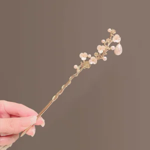 Floral Patterned Hair Pin Updo Chignon Stick, Gold Plated Hair Accessories for Women with Retro Peach Blossom Design