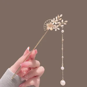 Peach Blossom Inspired Gold Plated Hair Chopsticks for Women, Updo Chignon Hairpin Accessories with Retro Floral Design