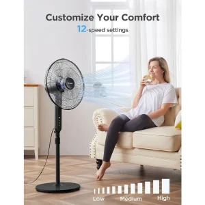 Ultra-Quiet 12-Speed DC Motor Oscillating Stand Up Fan with Adjustable Height and Remote Control for Home or Office Use