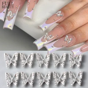 10 Piece Butterfly Shaped Nail Charm Set 3D Gold and Silver Rhinestone Nail Art Decorations with Diamonds