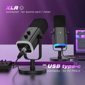 USB/XLR Dynamic Microphone with Touch Mute Button Headphone Jack and I/O Controls for PC PS4/5 Gaming Streaming Podcasting and Recording with RGB Lighting Effects