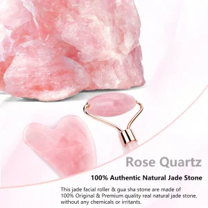 Authentic Rose Quartz and Natural Jade Facial Roller Gua Sha Set with Anti-Aging Massage Therapy