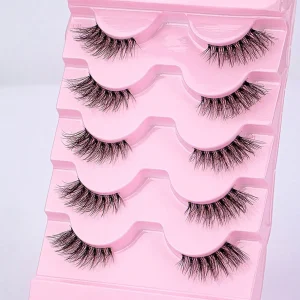 Faux Mink Cat Eye Half Lashes Set of 5, Fluffy and Criss-Cross Design with Clear Stem for Comfortable and Natural Look