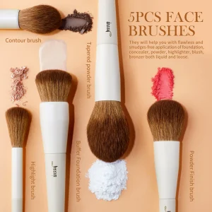 5 Piece Cruelty-Free Face Makeup Brush Set for Powder Foundation Blush Contour Highlighter, Vegan Makeup Brushes with Soft Synthetic Fibers, Light Grey T493