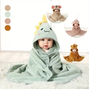 Cartoon Animal Polyester Hooded Bathrobe Swaddle Blanket for Babies with Stroller Attachment