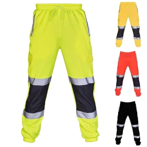 Mens High Vis Reflective Striped Sweatpants Safety Work Pants for Road Workers and Outdoor Activity