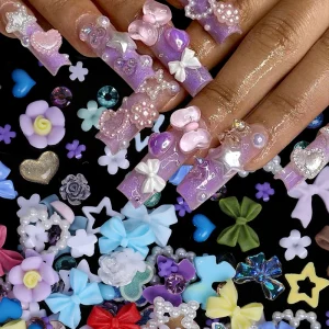 100Pcs Kawaii DIY Nail Art Charms Set Pink Pearl Bowknot Heart Shaped Mixed Decorations for Nail Design and Accessories