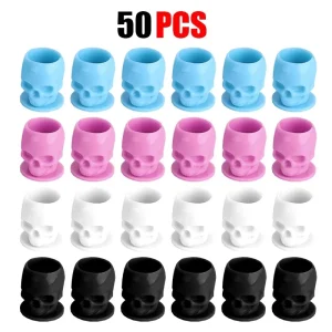 Tattoo Artist Essential: 50PCS Disposable Skull Ink Cups for Permanent Makeup and Tattoo Pigment Container Cap Accessories