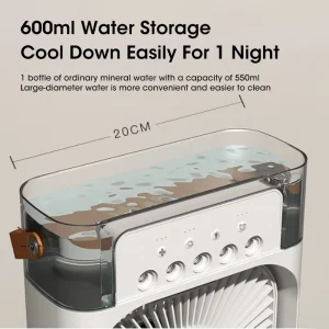 Whisper Quiet Mini Fan with Humidifier and Refrigeration Functionality, 600ml Water Tank and 3-Speed Wind for Personal Cooling