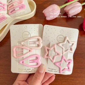 Frosted Star-Shaped Metal Hair Clips for Women and Girls, 3 Piece Mini Hairpins with Geometric Design in Pink Color