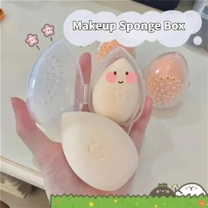 Travel Beauty Makeup Sponge Holder Case, Pink and White Egg-Shaped Container for Cosmetics Tools and Powder Sponges