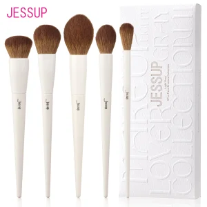 Pro Master 5 Piece Vegan Face Makeup Brushes Set with Powder Blush Foundation Contour Highlighter Brushes, Cruelty-Free and No Shedding, Light Grey T493