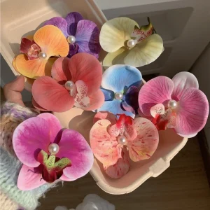 Korean Style Pink Orchid Flower Cloth Hair Clip for Women’s Daily Party Wear