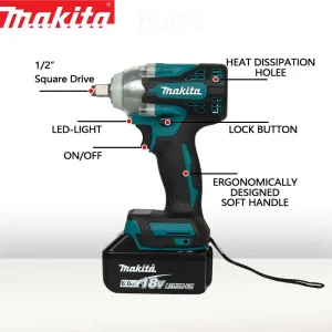 High-Torque Cordless Wrench with 18V Lithium-Ion Battery and 1/2 Inch Square Drive for Heavy-Duty Applications