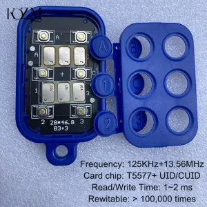 125KHz T5577 EM ID Writable IC and 13.56MHz 1K S50 UID Changeable Card Key 6 in 1 Key Fob with Blue Color and 3.5*0.7*5.5cm Size