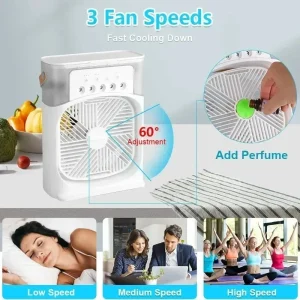 Small Space Cooling System: Multifunctional Fan Air Conditioner and Humidifier with Three Speed Modes and Low Noise Operation