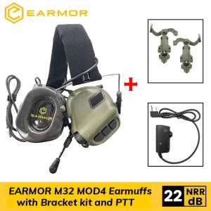 EARMOR M32 MOD4 Tactical Noise Reduction Shooting Earmuffs with Helmet ARC Rail Adapter and Kenwood PTT Adapter for OPS Core and Team Wendy M-LOK Helmets