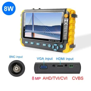 HD CCTV Camera Tester with 5-Inch High-Resolution Display, RS485 PTZ Control, VGA HDMI Input, and UTP Cable for 8MP AHD TVI CVI CVBS Analog Camera