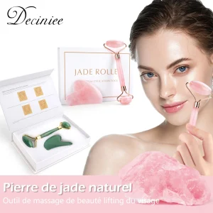 Authentic Rose Quartz and Natural Jade Facial Roller Gua Sha Set with Anti-Aging Massage Therapy