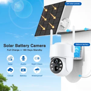 Wireless Outdoor WiFi PTZ IP Camera 4MP HD with Solar Power and Long-Lasting 7800mAh Battery for Home Security Surveillance