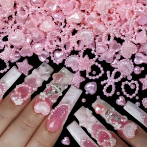 100Pcs Kawaii DIY Nail Art Charms Set Pink Pearl Bowknot Heart Shaped Mixed Decorations for Nail Design and Accessories