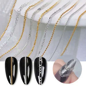 Professional 3D Nail Art Charm Decorations with Metal Chains and Rhinestones for French Nail DIY Manicure Accessories