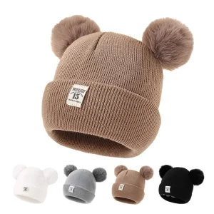 Warm and Cozy Solid Color Wool Knitted Newborn Baby Beanie Hat with Pompom for 0-3 Years Old Kids Boys and Girls