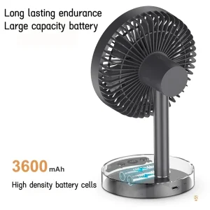 USB Powered Portable Table Fan with 5 Speeds, 3600mAh Battery, and Night Light for Quiet and Efficient Air Circulation