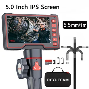 Ultra-Long 1m Flexible Cable 5.5mm Lens 210° Two-Way Articulating Borescope Camera with 5-inch IPS Screen for In-Depth Car Inspection and Industrial Applications