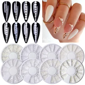 White Nail Tips Half Pearls 3D Nail Beads Rhinestone Decoration Set for Nail Art and Beauty DIY Supplies