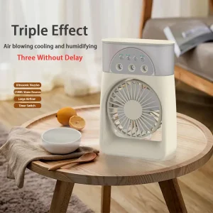 Portable Electric Fan with USB Interface, 3-Hole Spray Humidification and Refrigeration Function for Summer, White ABS and PP Material