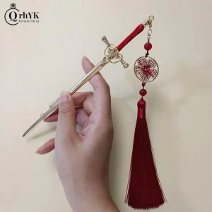 Punk Metal Hair Accessories Sword Design Tassel Pendant DIY Hair Sticks For Women With Chinese Style Simple Trendy Hairstyle Tools